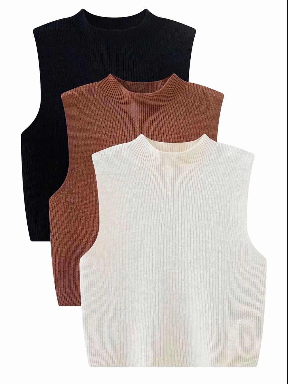 Solid Ribbed Knit Sleeveless Sweater Vest - Black, Brown, Cream Sz M